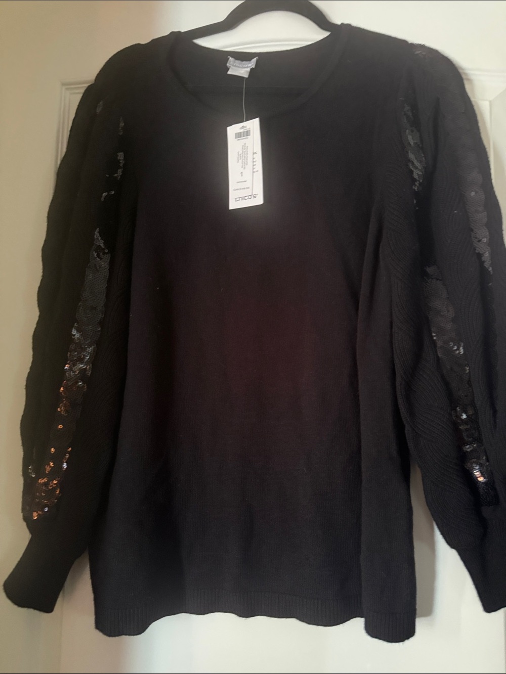 Chico's Black Sweater with Sequin-Trimmed Sleeves. NWT CHICOS SIZE 1